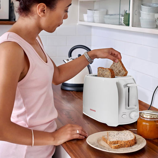 Aiwa Toaster, 2 Slice Wide Slot, Reheat and Defrost Function, 6 Browning Settings, Drop Down Crumb Tray, White