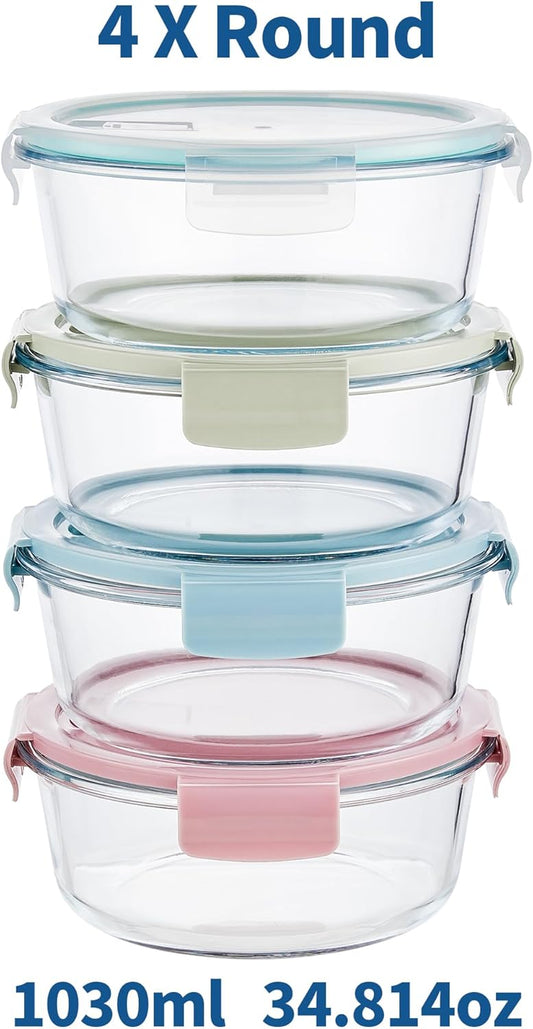 8 Pcs Round Glass Containers with Lids Airtight 4 Cup Glass Storage Containers Set Meal Prep Containers for Soup Leftover Microwave, Dishwasher, and Freezer Safe(4 Sets
