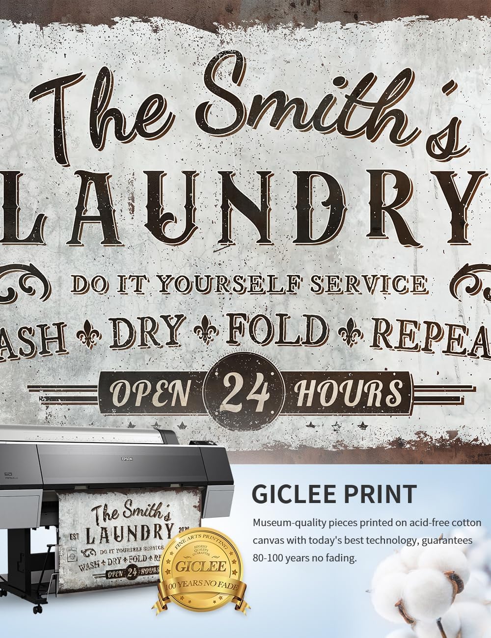 IPIC - Personalized Laundry Room Sign, Custom Large Canvas Wall Art with Family Name, Rustic Farmhouse Wall Decor and Accessories for Business and Home, Wash Dry Fold Repeat