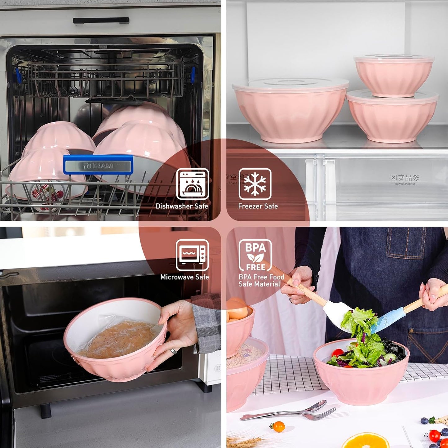 BoxedHome Mixing Bowls with Lids Set, 4PK Large 0.2” Thick Plastic Nesting Mixing Bowl, Microwave Safe,Size 1.37,2.32,3.8 and 5.07qt, Pink