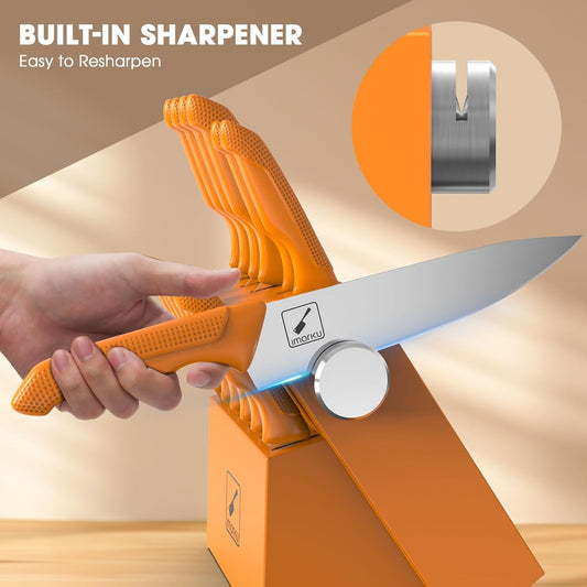 imarku® Knife Set, Sharp Block Knife Set with Built-in Sharpener, Japanese Stainless Steel with Non-Slip Ergonomic Handle, Dishwasher Safe, Kitchen Gift for Man Woman, Best For Home gift, Burnt Orange