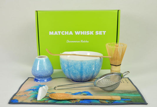 Matcha Whisk set, 8pcs Matcha Making Kit Includes Ceramic Bowl, Bamboo Whisk (Chasen), Whisk Holder, Sifter, Bamboo Scoop, Scoop Rest, Tea Towel, Macha kit for Matcha Tea Ceremony, Blue