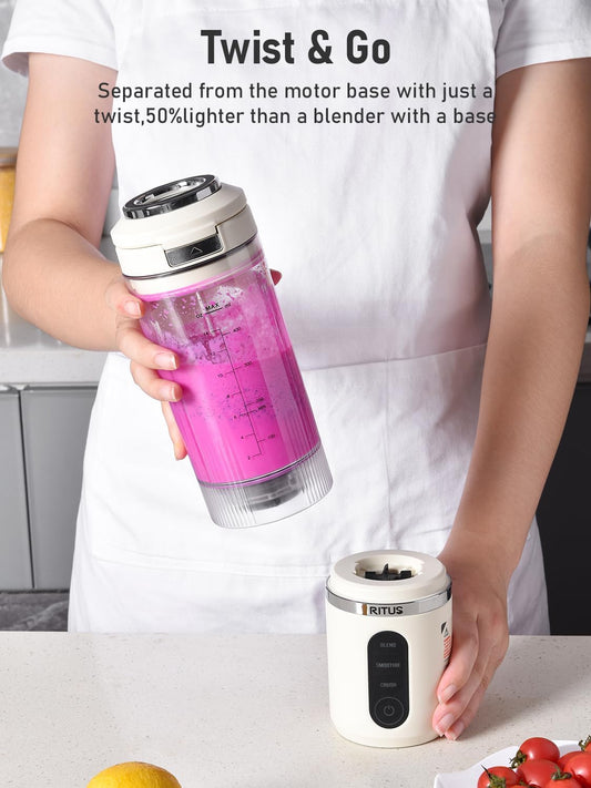 RITUS VORTEX Pro Portable Blender,Personal Blender w/Removable Vessel-for-Smoothies Blend Ice Crush 3 Programs,Cordless 20oz BPA Free Vessel Magnetic-Ring Dishwasher Safe, Leakproof,White