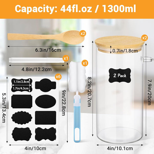Glass Jars with Bamboo Lids and Spoon - 2 Pack 44 Fl.oz Round Pasta Storage Containers with Airtight Lid, Includes Labels, Marker and Brush, Large Kitchen Pantry Canisters for Rice, Noodles