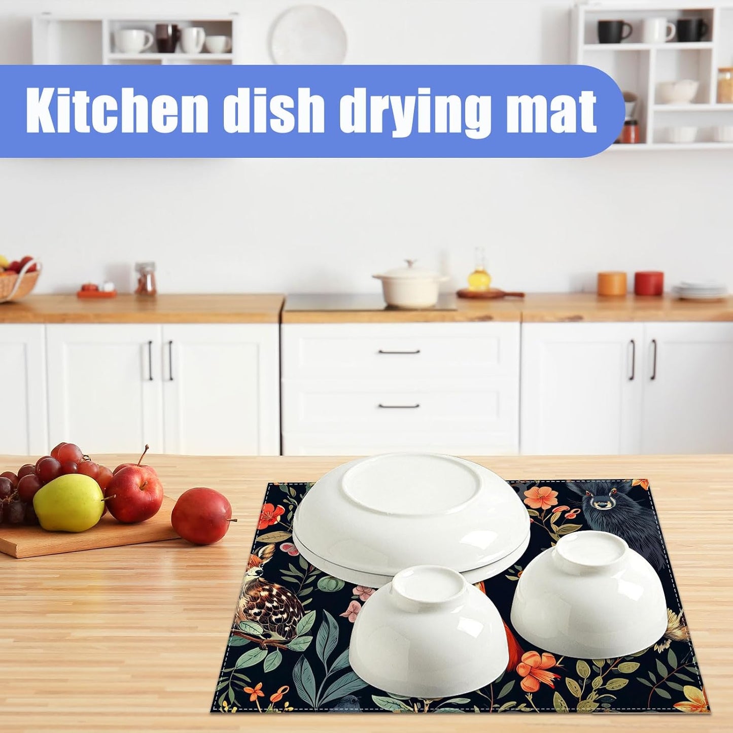 Vintage Deer Dish Drying Mat for Kitchen Counter Wild Animals Drying Pad Absorbent Reversible Dish Drainer Rack Mats Draining Pad 18"x24"Inch