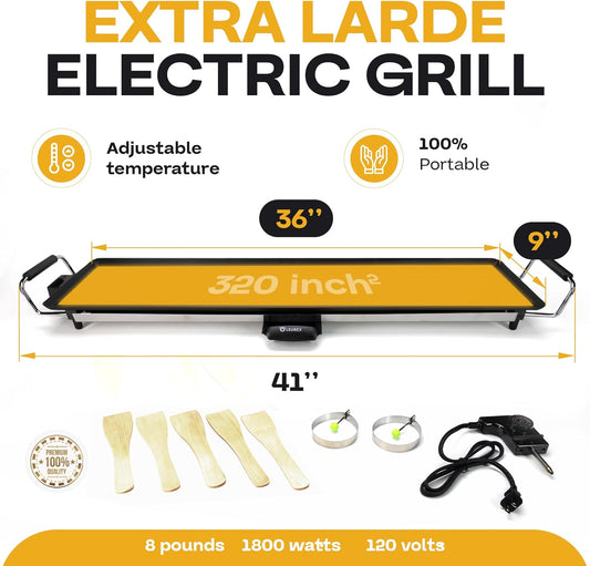 Premium Electric Griddle 36" - Smokeless Indoor Grill - Portable & Nonstick Electric Grill for Outdoor Use - Extra Large Electric Griddle Nonstick with Adjustable Temp & Even Heating by IDL Packaging