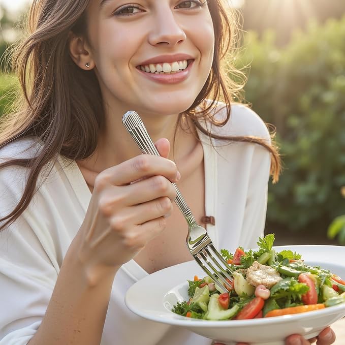 KINGSTONE 40-Piece Silverware Set, 18/10 Stainless Steel Flatware Set - Luxury Elegant Striped Cutlery with Dishwasher Safe, Durable for Family Dining, Catering, Weddings, Anniversaries Gift