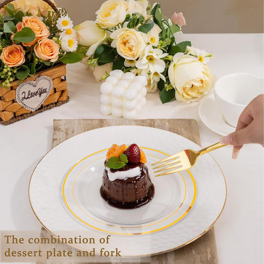I00000 72 Pcs Clear Plastic Dessert Plates 7.5" & 72 Pcs Gold Disposable Forks 7.4", Clear Small Plates, Fancy Salad Plate,Gold Cake Plate for Party, Occasions, Wedding