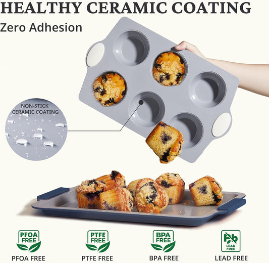 BRONYPRO 2-Pack Jumbo Ceramic Muffin Pans, 6-Cup Nonstick Aluminized Steel Cupcake Pans, Healthy Non-Toxic Ceramic Coating Muffin tin, Oven Safe to 500°F, Cream