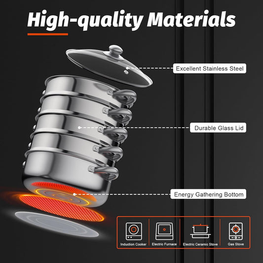 5 Tier Stainless Steel Steamer Cookware Pot with Glass Lid - 26/28/30cm for Home & Restaurant