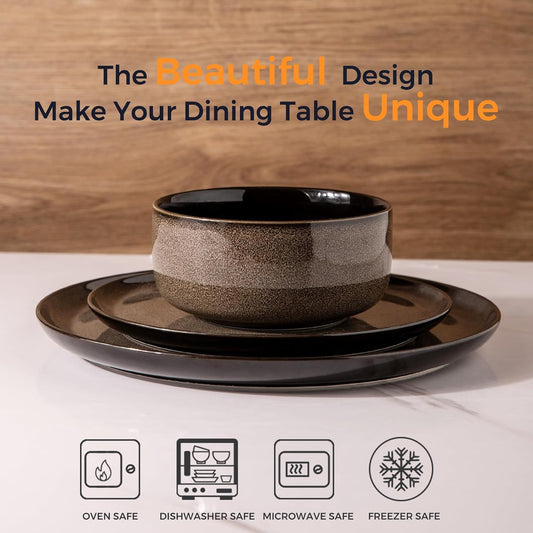 LeRatio Ceramic Dinnerware Sets for 4,12-Piece Plates and Bowls,Handmade Reactive Glaze Dishes Set,Chip Resistant and Scratch Resistant | Oven&Dishwasher & Microwave Safe,Service for 4-Coffee