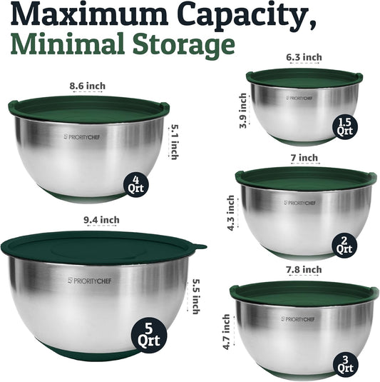 Priority Chef Stainless Steel Mixing Bowls with Lids Set, 3 Grater Attachments, Airtight Lids, Non-Slip Silicone Base Mixing Bowl Set, Large Prep Metal Mixing Bowls for Kitchen, Green
