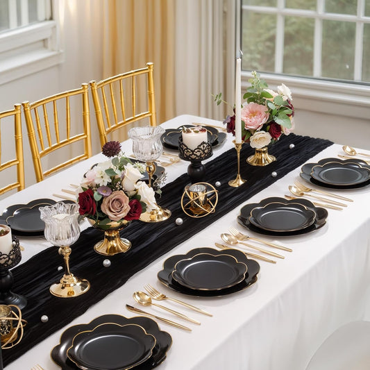 60pcs Black Disposable Plates with Gold Rim Heavy Duty Scalloped Plastic Birthday Plates Wedding Disposable Dinnerware Includes: 30 Dinner and 30 Dessert Plate,Perfect for Party Ceremony and Camping