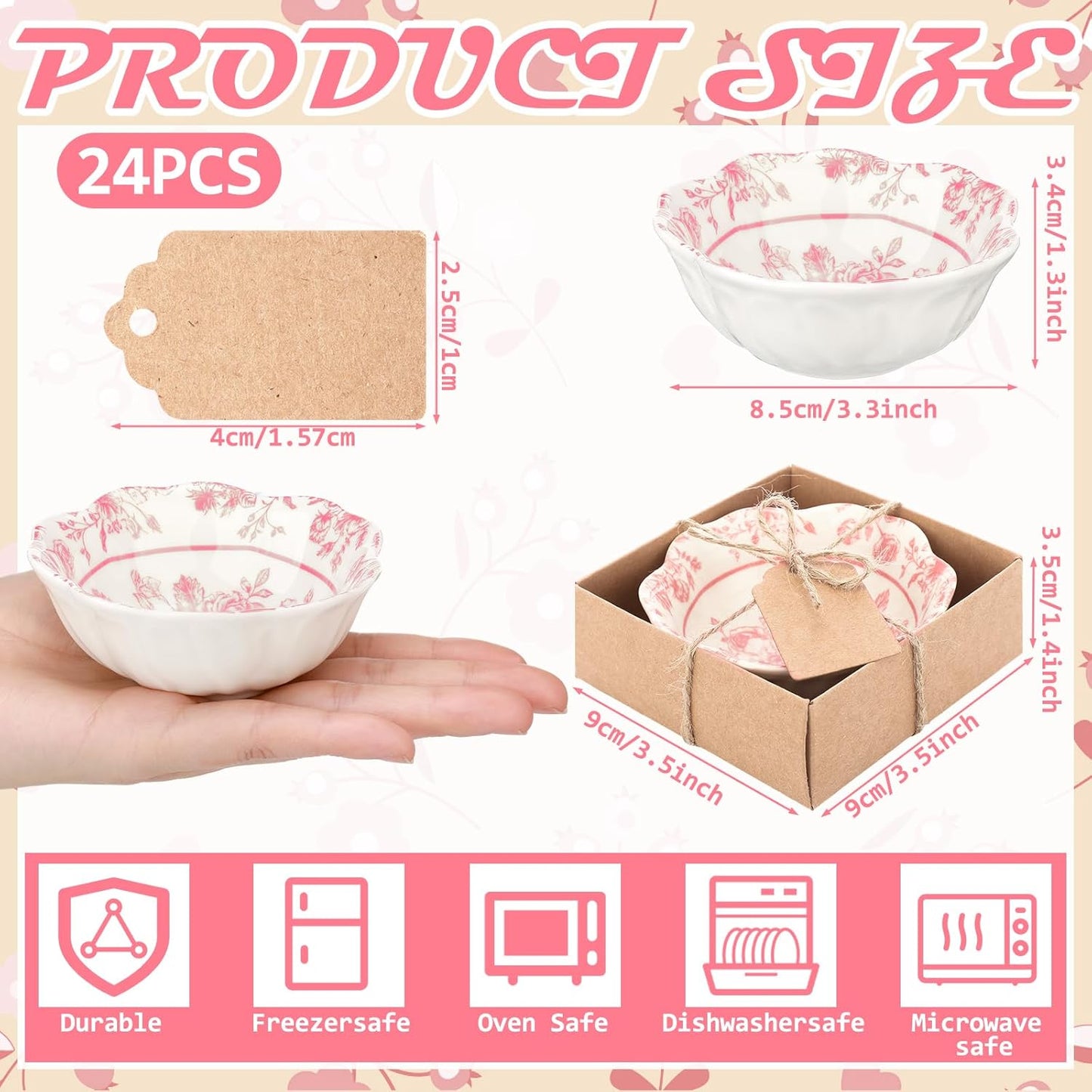 24 Pcs Wedding Favors for Guests Small Ceramic Bowl Bulk Gifts Set 3.3 Inch Floral Design Mini Dipping Bowl Sauce Dish with Cards Box for Bridal Baby Shower Birthday Guest Gift (Pink)