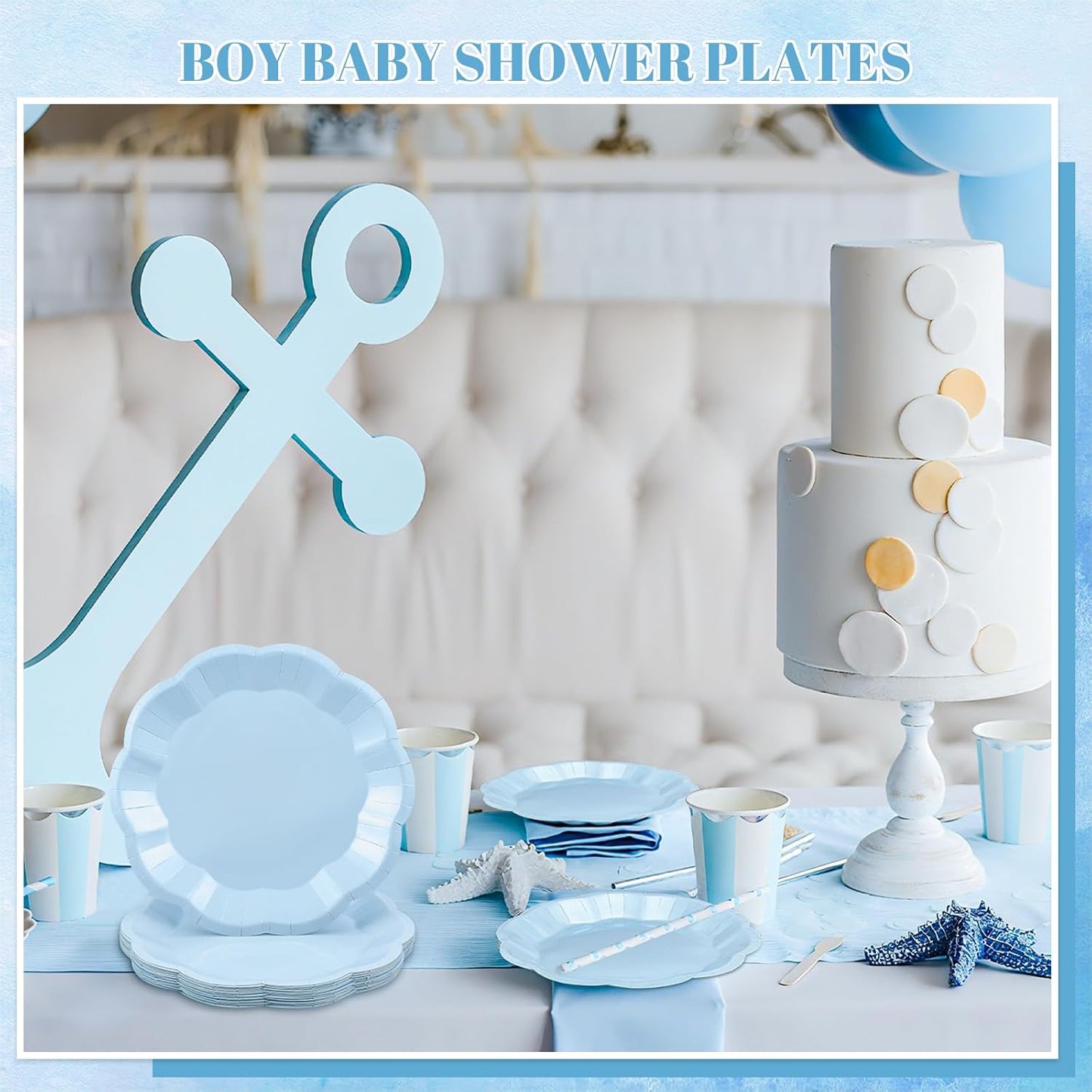 30pcs Light Blue Plates,7inch Scalloped Blue Dessert Cake Plates Cute Disposable Party Plate for Weeding, Birthday, Baby Shower