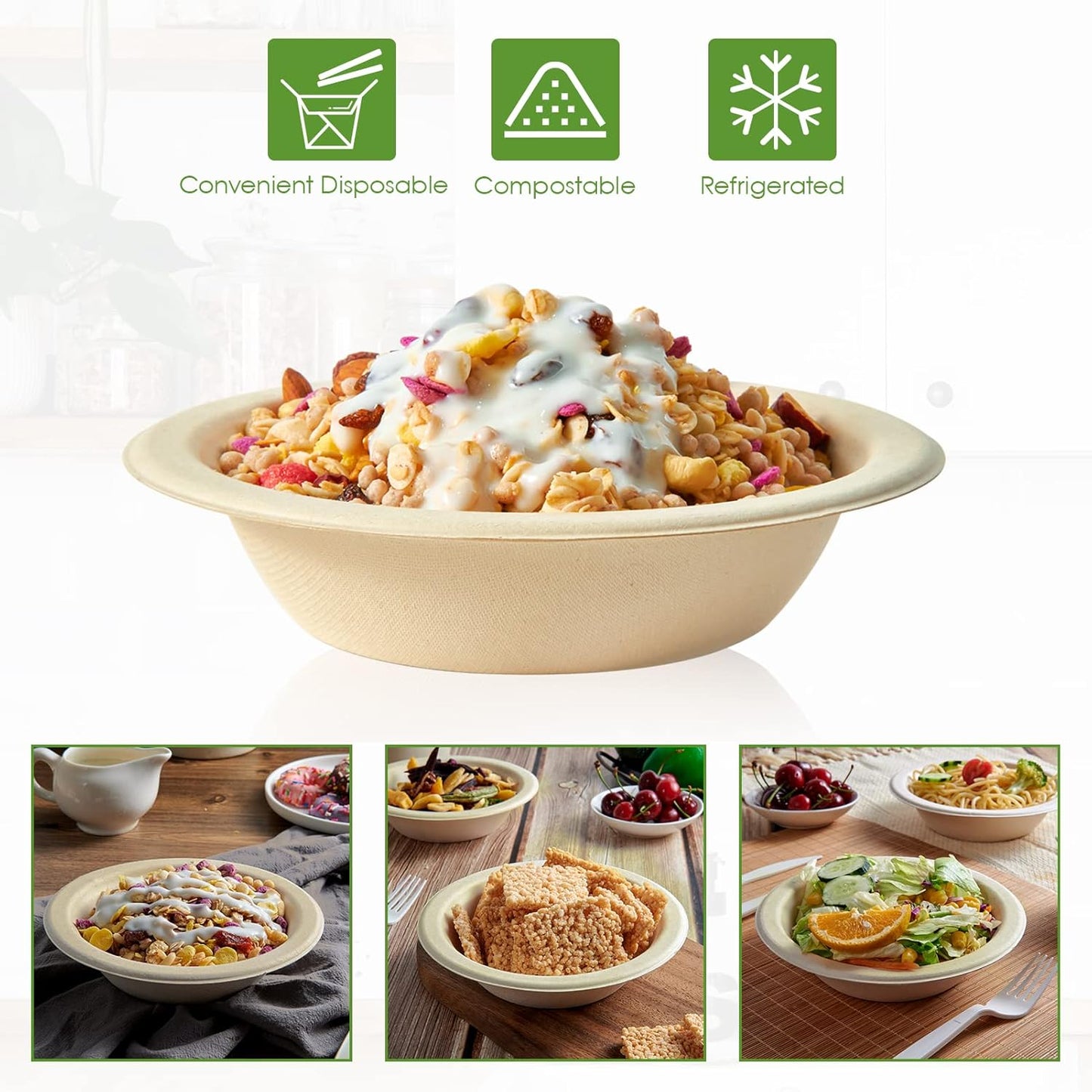 Vplus 180 Pack 16 OZ Paper Bowls, Disposable Compostable Bulk, Eco-friendly Bagasse, Heavy-duty Bowls Perfect for Milk Cereals, Snacks, Salads
