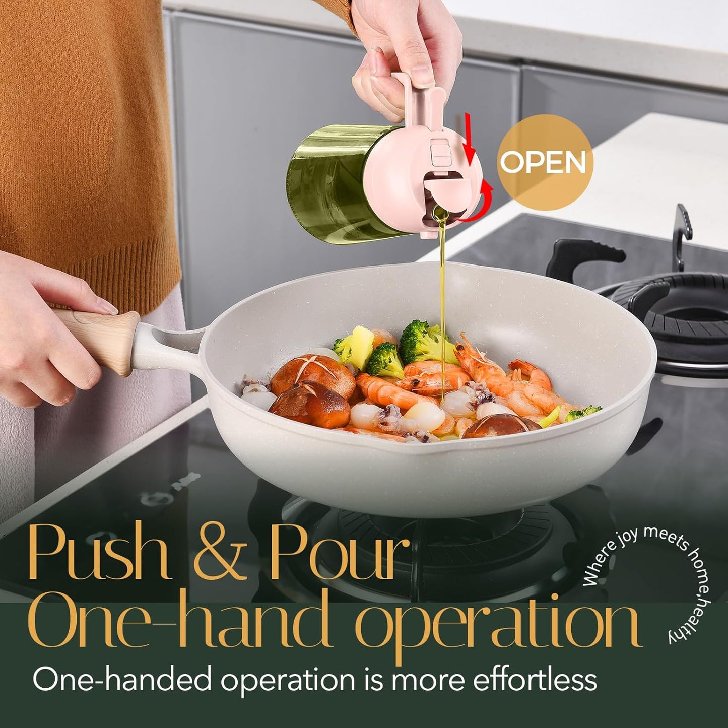 YARRAMATE 16oz/470ml Light-Blocking Dark Oil Sprayer for Cooking, 2 in 1 Olive Oil Dispenser Bottle for Kitchen, Dark Green Glass Oil Bottle, Food-Grade Oil Mister for Air Fryer, BBQ (PeachPink)