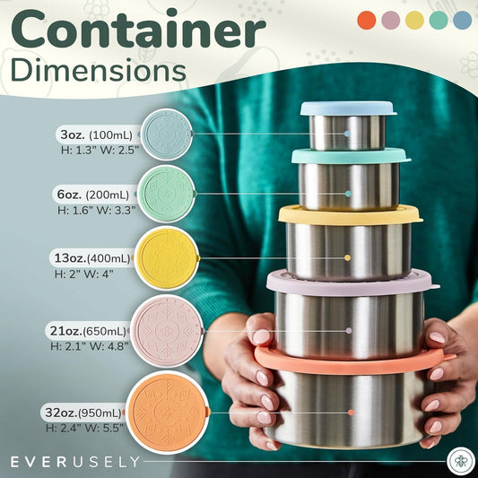 Everusely - Stainless Steel Containers with Lids - Set of 5, Bright Collection - Leakproof Stainless Steel Food Containers - Nesting Snack Holders - Metal Lunch Box - Portable & Reusable Meal Kit