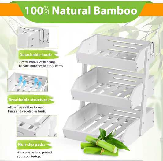 Bamboo Fruit Basket for Kitchen– 3 Tier Fruit Bowl For Kitchen Counter, Large Fruit Holder With Banana Hangers, Idea For Vegetable Storage, Bread Display, Snack Organizer(White)