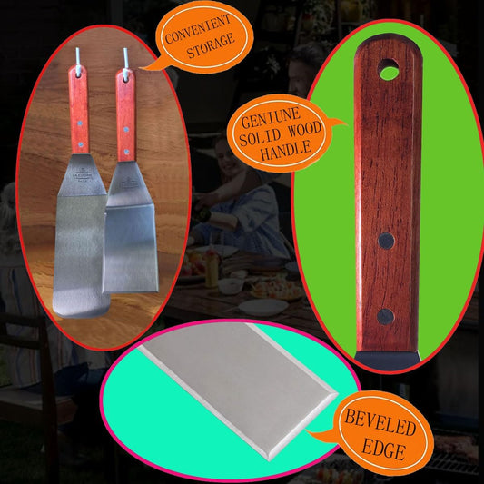 La Cuisine 3-PC SS Griddle Spatula Set - BBQ Tools Set Food Scraper for Grill Teppanyaki Flipping Patties Pancake Fish, 2 pcs SS Spatulas 1 pc Chopper/Scrapper with solid wood handle