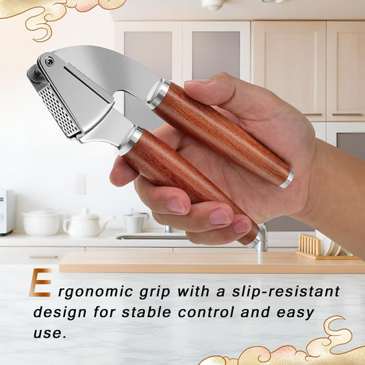 KULUNER Professional Garlic Press,Durable Garlic Clove Peeler Set That Requires No Peeling Garlic Mincer Presses Fine Garlic Paste,Upgraded Solid Wood Handle for a Comfortable Grip