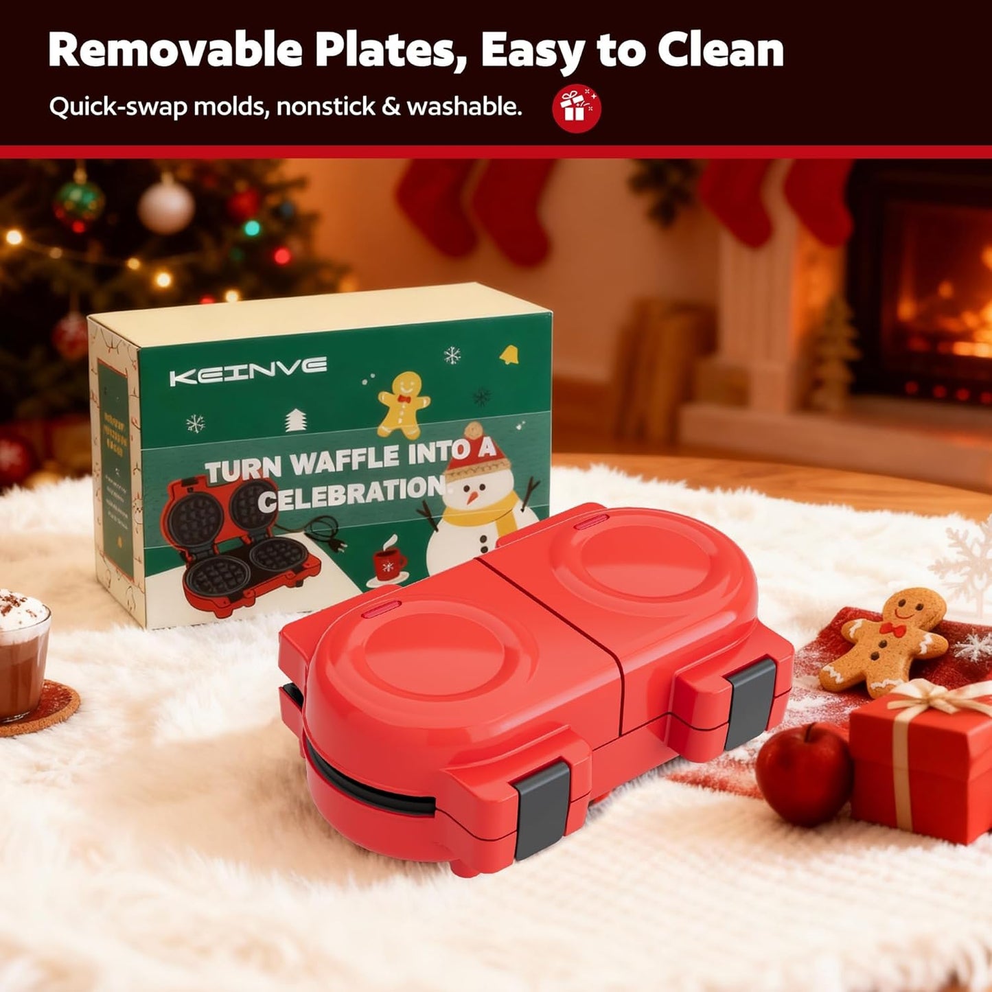 4" Waffle Maker with Removable Plates, 2-in-1 Nonstick Waffle Maker, Independent Dual Heating, Compact Design for Festive Family Breakfasts (228AK)