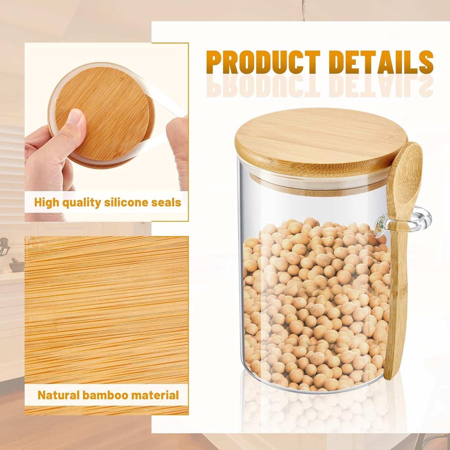 Tessco for you 3 Pack Sugar Jar Glass Container with Spoon Clear Glass Jars with Bamboo Lid and Spoon Scoop for Coffee Beans, Spice, Brown Sugar, Tea, Flour, Nuts, Candy, Salts (17 oz)