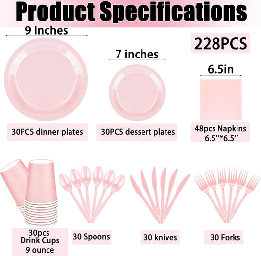 TWOWYHI 228PCS Pink Party Supplies Set Include Paper Plates Cups Pink Napkins Plastic Spoons Forks Knives for 30 Guests Disposable Party Dinnerware For Birthday Wedding Family Picnic