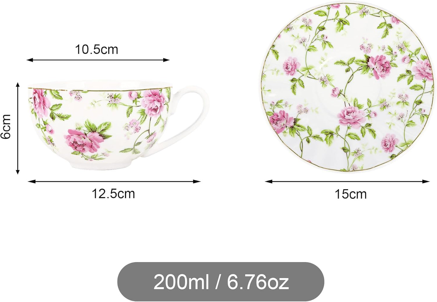 fanquare Bone China Tea Cups Set for 2, Rose Garden Style Porcelain Tea Cups with Saucers and Spoons, 5oz English Coffee Mugs Gift Set