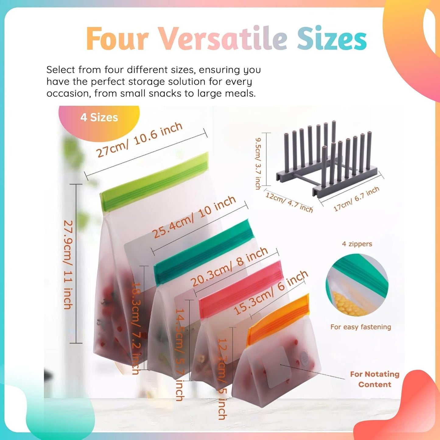 Reusable Food Storage Bags – 14-Pack Stand-Up, BPA-Free, Freezer, Dishwasher Safe & Eco-Friendly – 3 L, 8 M, 3 S Bags – Airtight Leakproof, Sandwich, Snack, and Meal Prep Baggies (Multicolor)