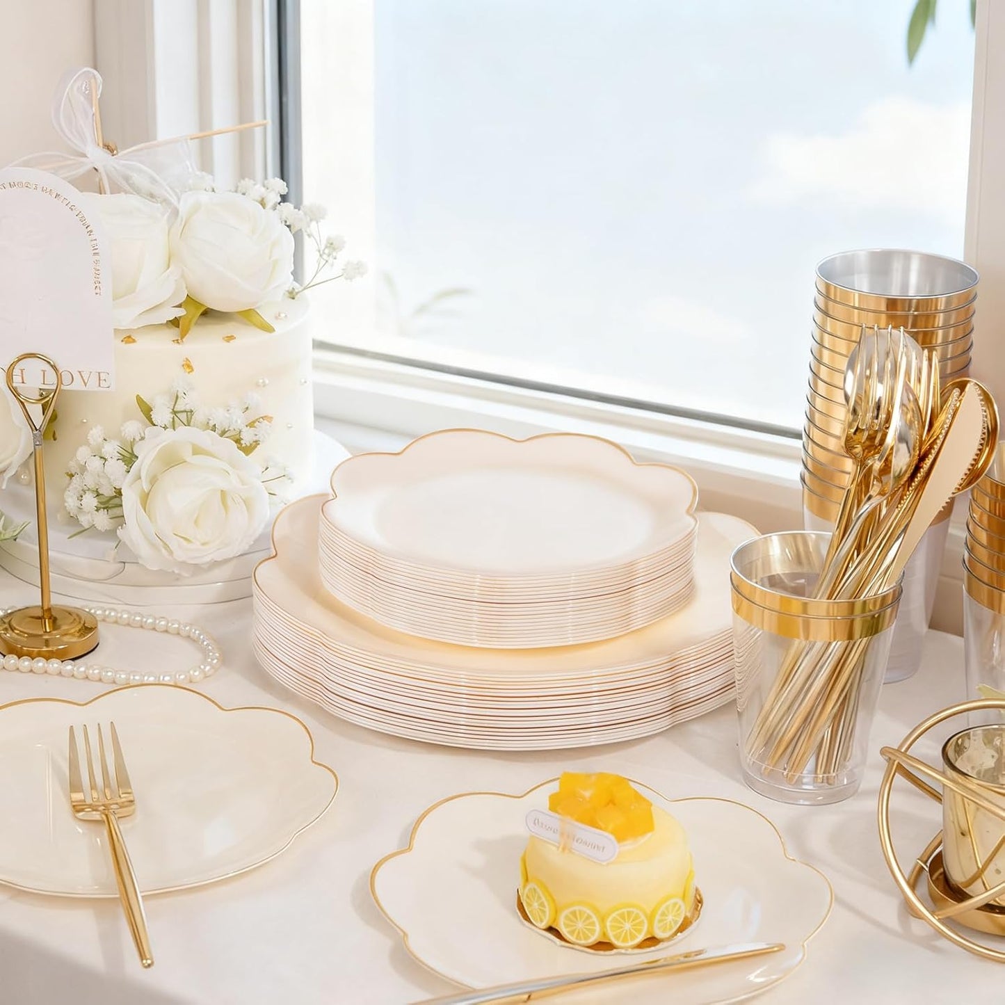 EI 180pcs Beige Plastic Plates with Gold Plastic Silverware,Heavy-Duty Disposable Plates for Party,Beige Dinnerware Set for 30 Guest Wedding,Birthday