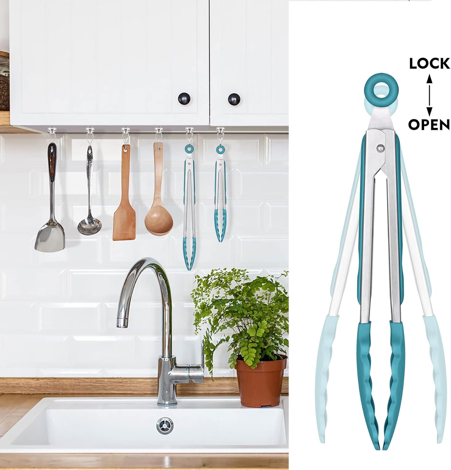 HOTEC Premium Stainless Steel Locking Kitchen Tongs with Silicon Tips, Set of 2-9" and 12", Turquoise