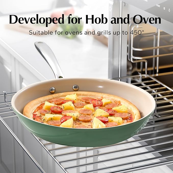 Redchef Non Stick Ceramic Frying Pan Set, Non Toxic Ceramic Pans for Cooking, 8" 9.5" 11" Skillet Set, No PFAS & PTFE & PFOA with Stainless Steel Handle, Dishwasher & Oven Safe Max up to 842°F (Green)
