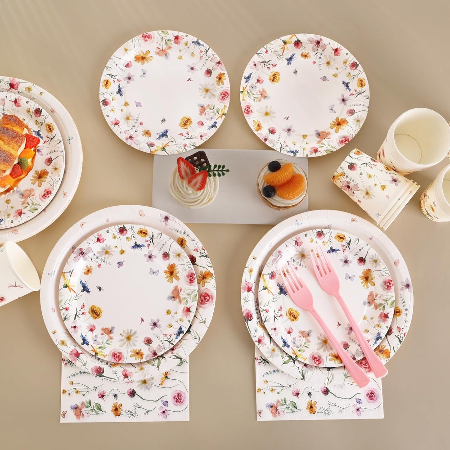 Wildflower Party Supplies Decorations 175PCS Floral Paper Plates and Napkins, Tea Party Plates and Cups Disposable Dinnerware Sets for Spring Butterfly Birthday Decorations, Serves 25