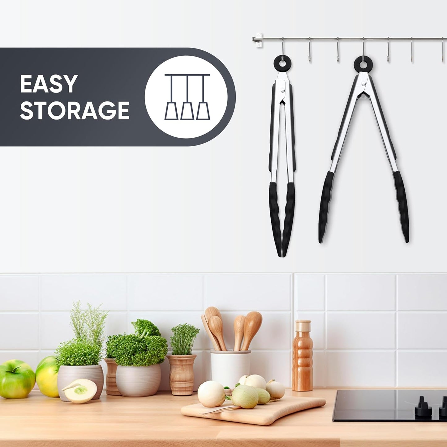 9 Inch Kitchen Tongs, Cooking Tongs with Silicone Tips and Stainless Steel Handle, Non Stick Heat Resistant Tongs for Cooking, Buffet, Salad Serving (9", Black)