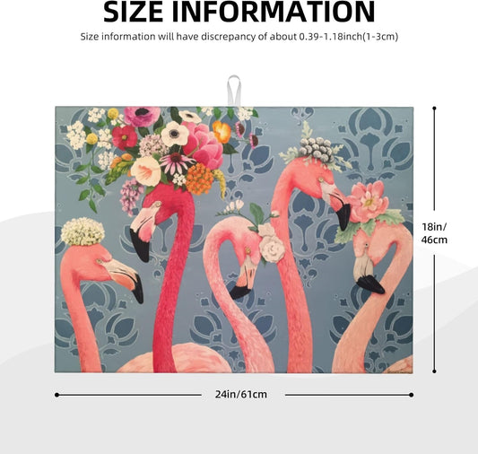 Flamingo Flowers Dish Drying Mat 18x24 Inch, Microfiber Absorbent Fast Dry Mat Large Dish Mat Drying Kitchen Mat, Kitchen Drying Pad for Kitchen Counter Coffee Bar Decor Gifts