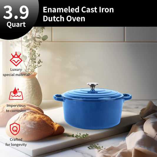 Enameled Cast Iron Dutch Oven Pot with Lid, 3.9 Quart Dutch Oven for Bread Baking, Oven Safe up to 500° F, Suitable for Bread Baking, Braising, Roasting, Stews, Blue