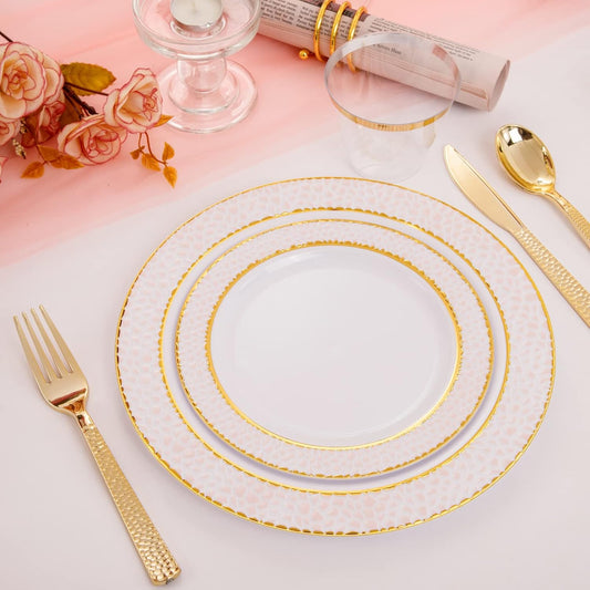 Ciaell 150PCS Pink Plastic Plates – Disposable Pink and Gold Plates Set include 50Plates, 25Forks, 25Knives, 25Spoons, 25Cups for Wedding & Party