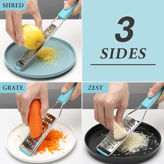 Cambom Lemon Zester Grater Three-piece Suit - Heavy Duty Kitchen Tool for Parmesan Cheese, Ginger, Garlic, Nutmeg, Chocolate, Vegetables,Fruits,Stainless Steel Grater Dishwasher Safe Blue