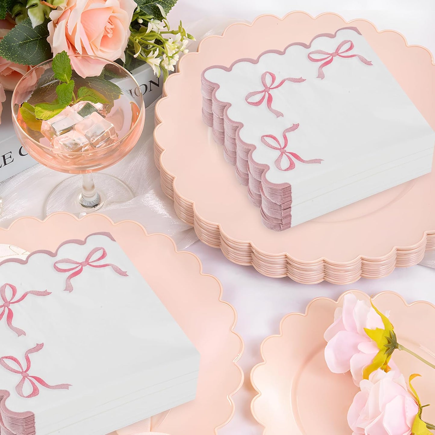 100 Pink Bow Paper Napkins Coquette Cute Disposable Party Napkins 6.5" Scalloped Edge White Pink Hand Towels for Birthday Bridal Bachelorette Party Supplies