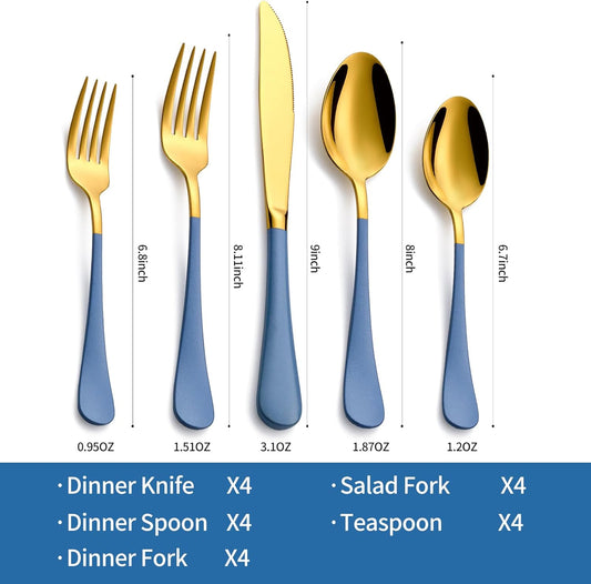 20-Piece Grey blue & Gold Silverware Set, 18/0 Stainless Steel Colorful Handle Flatware Set,Service for 4,Modern Cutlery Set Includes Dinner Knives Forks Spoons,Mirror Polished,Dishwasher Safe