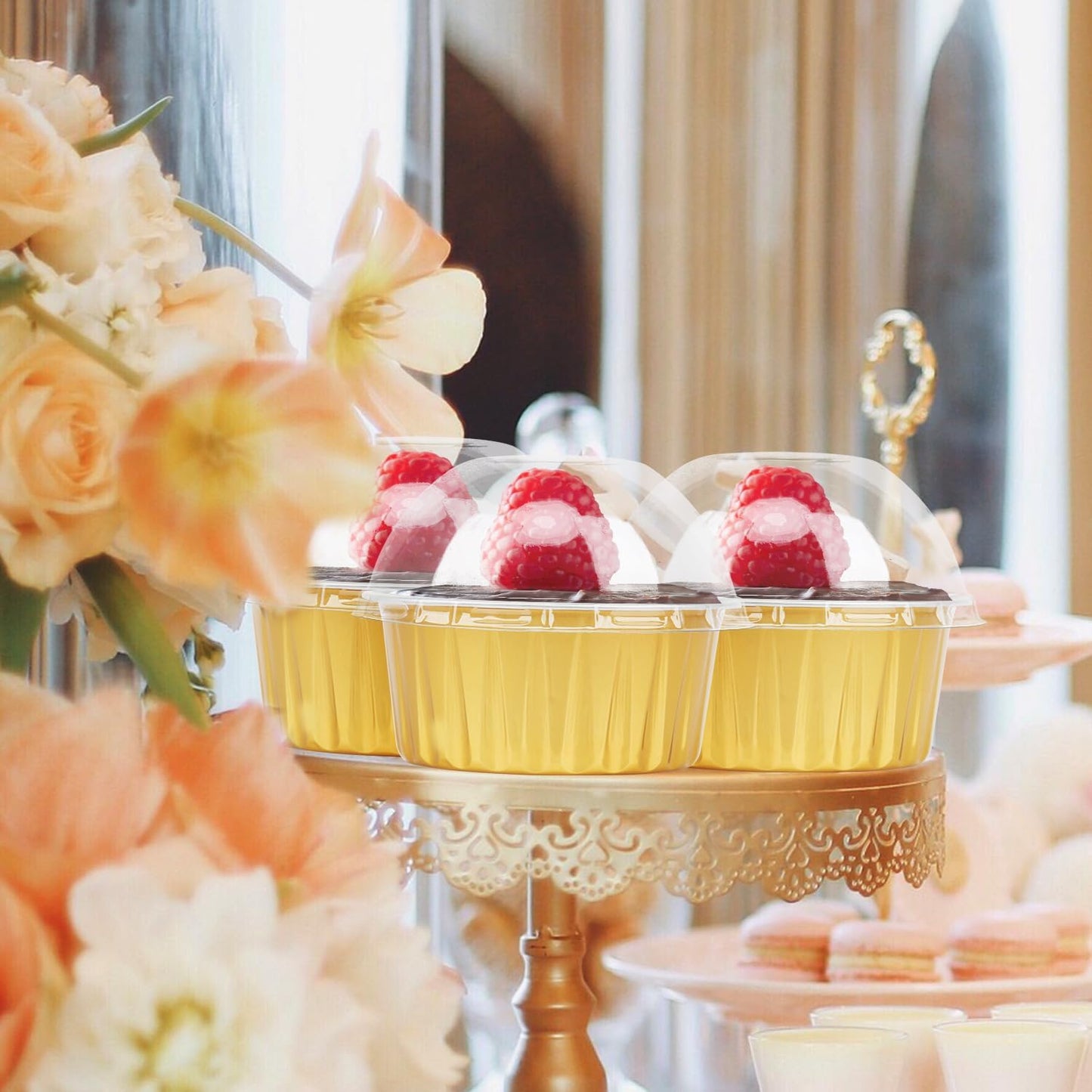 Aluminum Cupcake Liners with Dome Lids 50 Pack,Free-Air 5oz Foil Baking Cups Muffin Tins,Disposable Ramekins Jumbo Muffin Liners for Wedding Birthday Party,with 50 Spoons-Gold