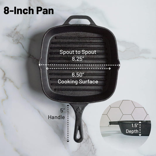 Backcountry Iron 8 Inch Square Grill Pan Medium Pre-Seasoned Cast Iron