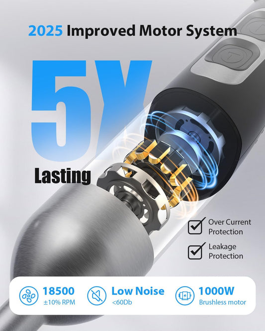 1000W Powerful Immersion Blender Handheld, 2025 New Update Hand Blender with 25-Speed and Heavy-Duty Copper Motor, Silver