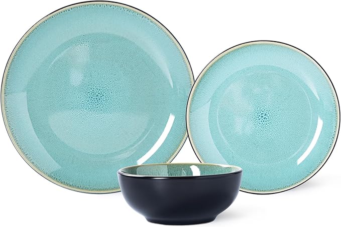 Plates and Bowls Sets for 4 - CJDC-QUELO 12-Piece Stoneware Dinnerware Sets, Ceramic Dishware Set for Kitchen Use and Formal Dining, Chip and Scratch Resistant Microwave Dishwasher Safe, Green