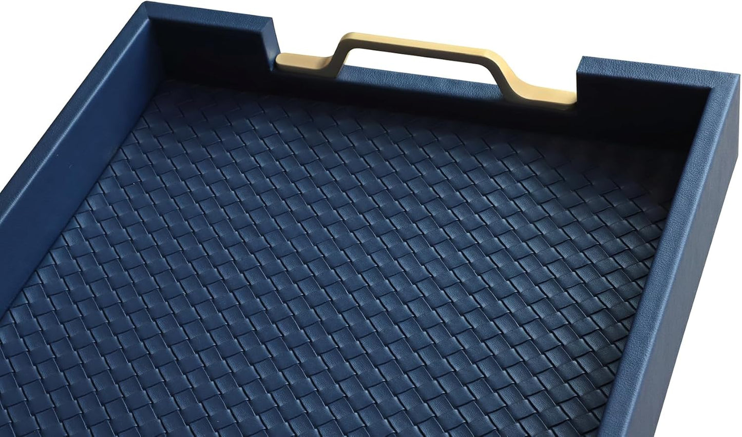 HofferRuffer Faux Leather Rectangle Serving Tray Decor Platter with Gold Metal Handles for Coffee Table, Breakfast, Tea, Food, Countertop, Kitchen, Butler Tray, 16.2 x 12.2 x 2 inches (Navy Blue)