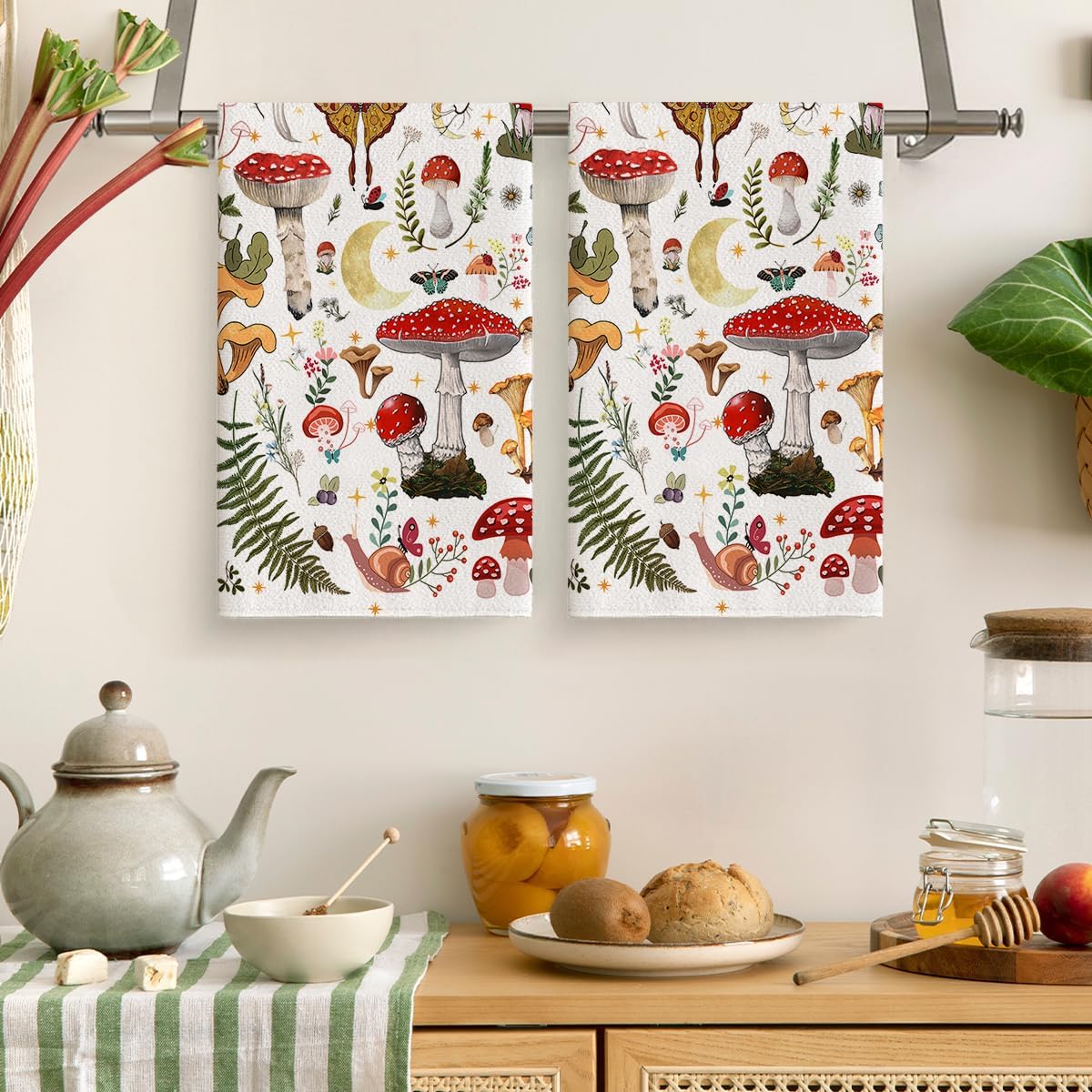 Cukemip Mushroom Decorative Kitchen Towels Aesthetic, Absorbent Beige Witchy Dish Towels Hand Towels Tea Towels for Kitchen Cooking Baking,Moth Gothic Witchy Gifts for Women