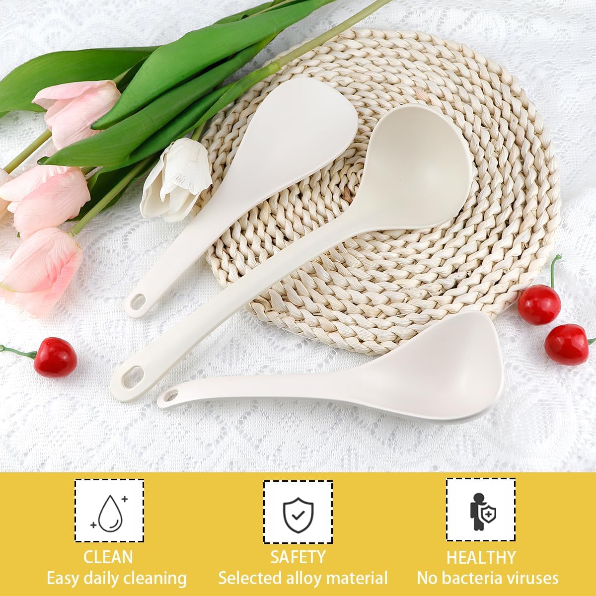 DOERDO 3Pcs Rice Paddle Spoon Soup Spoon Non Stick Rice Scooper Rice Spatula Cooking spoon for Rice Soup Potato, White