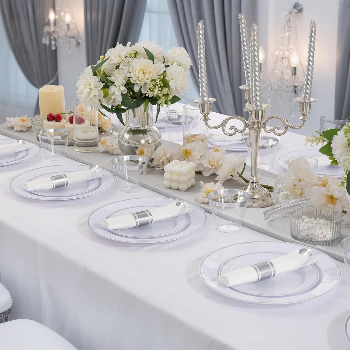 SUT 350 Pcs Silver Plastic Dinnerware Set for 50 Guests, Include: 50 Dinner Plates, 50 Dessert Plates, 50 Pre Rolled Napkins with Silver Silverware, 50 Cups, disposable plates for wedding, party