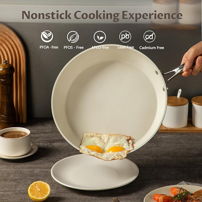 UCC LIFE Nonstick Frying Pan Skillet, wok pan, Stainless Steel Handle, PFOA Free Compatible with All kitchen Stovetops (12 Inch White)